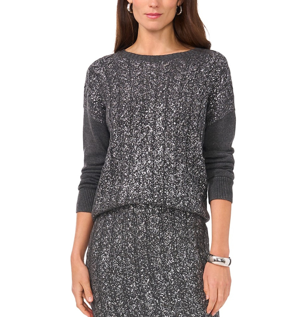 Vince Camuto Women Metallic Cable Knit Crewneck Sweater Heather Gray Size M